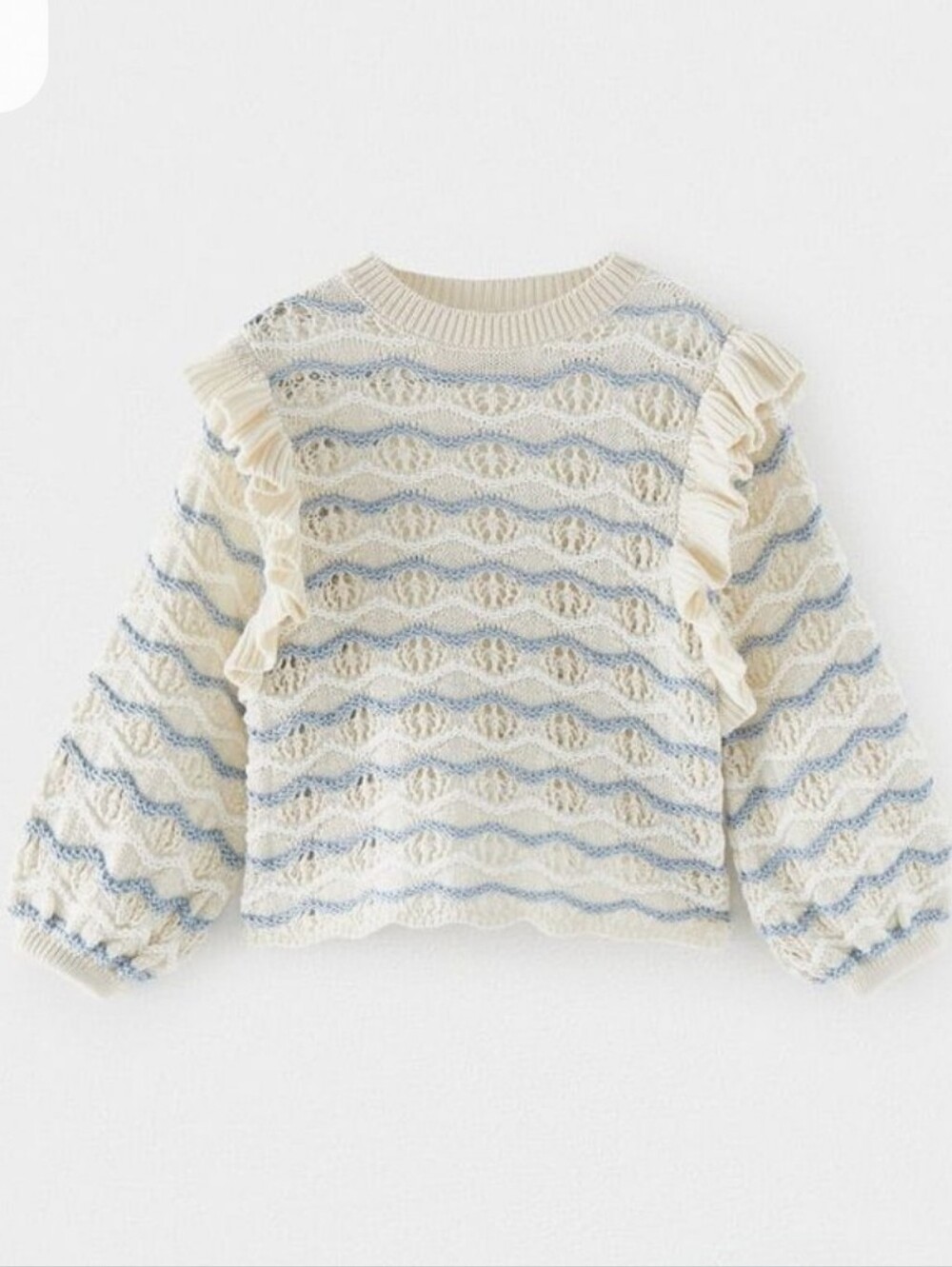 Zara Cream and Light Blue Knit Ruffle Sleeve Sweater Girls 9-10